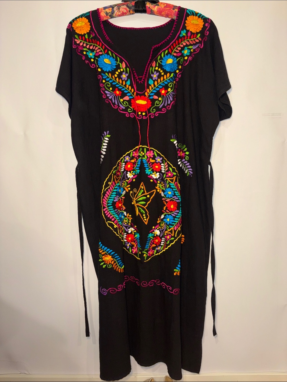 MEXICANA Black Maxi Dress with Vibrant Multicolor Floral Embroidery